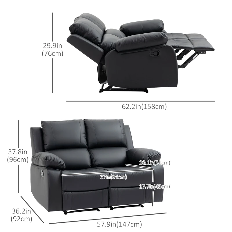 HOMCOM Double Reclining Loveseat, PU Leather Manual Recliner Sofa Chair with Thick Backrest, Padded Armrests, Footrest for Living Room, Black