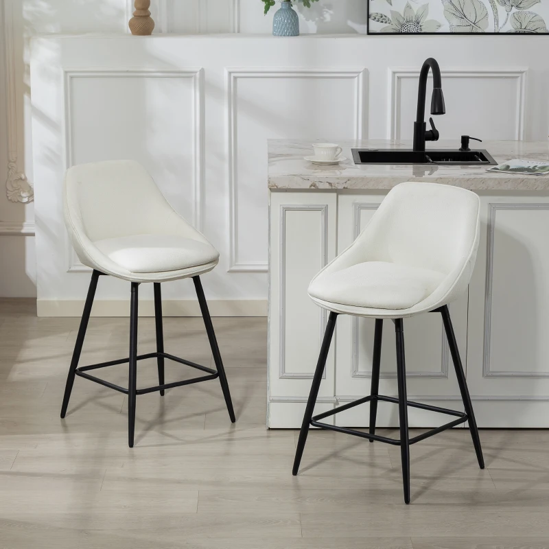 HOMCOM 26" Counter Height Barstools Set of 2, Upholstered Swivel Bar Stools with Backrests and Armrests, Cream White