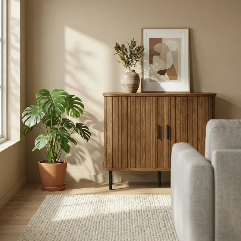 HOMCOM 35.4" Sideboard Buffet Cabinet with Storage, Nordic Coffee Bar Cabinet with Slatted Tambour Doors and Metal Legs, Walnut
