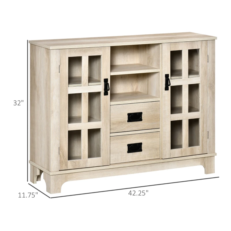 HOMCOM Sideboard Buffet Cabinet with Glass Door, Coffee Bar Cabinet with Storage Drawers & Adjustable Shelves for Kitchen, Living Room, White Oak