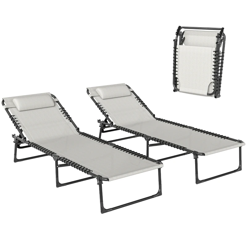 Outsunny 2 Folding Chaise Lounge Pool Chairs with 4-Position Reclining Back, Pillow, Breathable Mesh & Bungee Seat, Dark Blue