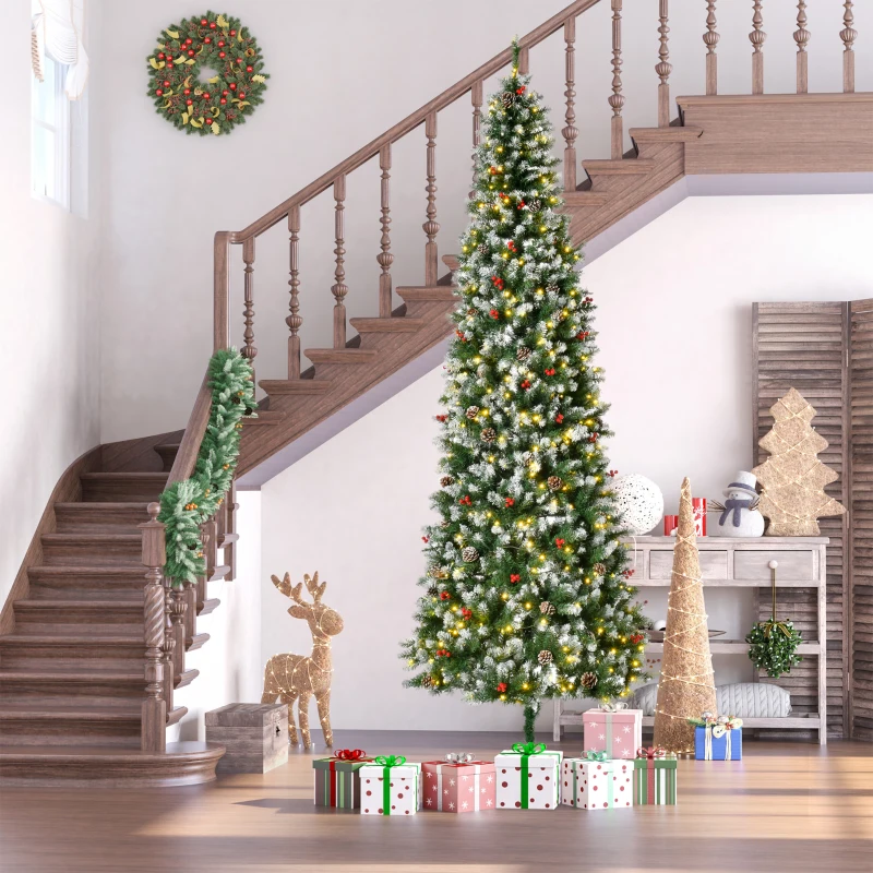 HOMCOM 9ft Pre-Lit Snow-Dipped Artificial Christmas Tree with Realistic Branches, 460 LED Lights, Pine Cones