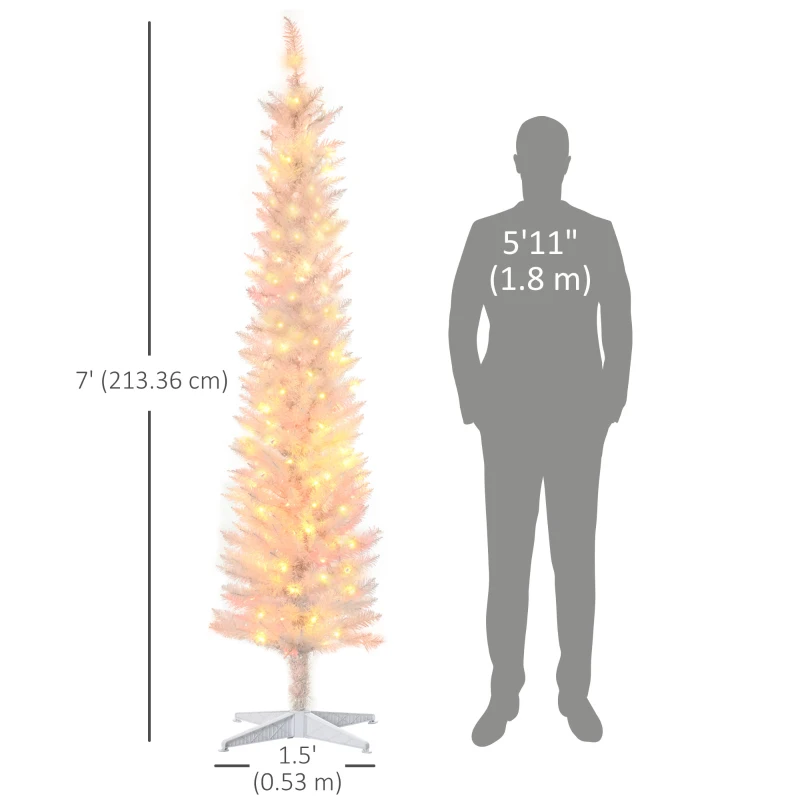 HOMCOM 7' Prelit Christmas Trees, Pencil Artificial Christmas Tree with Colourful Surface Tips, Colourful LED Lights, White