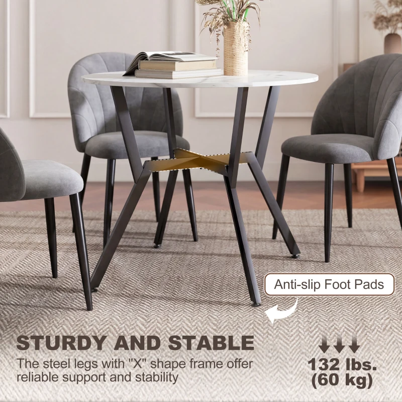 HOMCOM 35" Round Dining Table, Modern Dining Room Table with Steel Frame, Space Saving Small Kitchen Table, White Marble