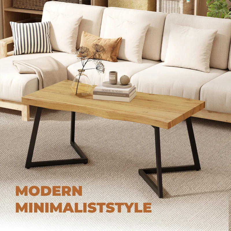 HOMCOM Coffee Table Curved Thick Top Living Room Accent Table Black Metal Legs, 39.4" x 19.7" x 17.7", Oak