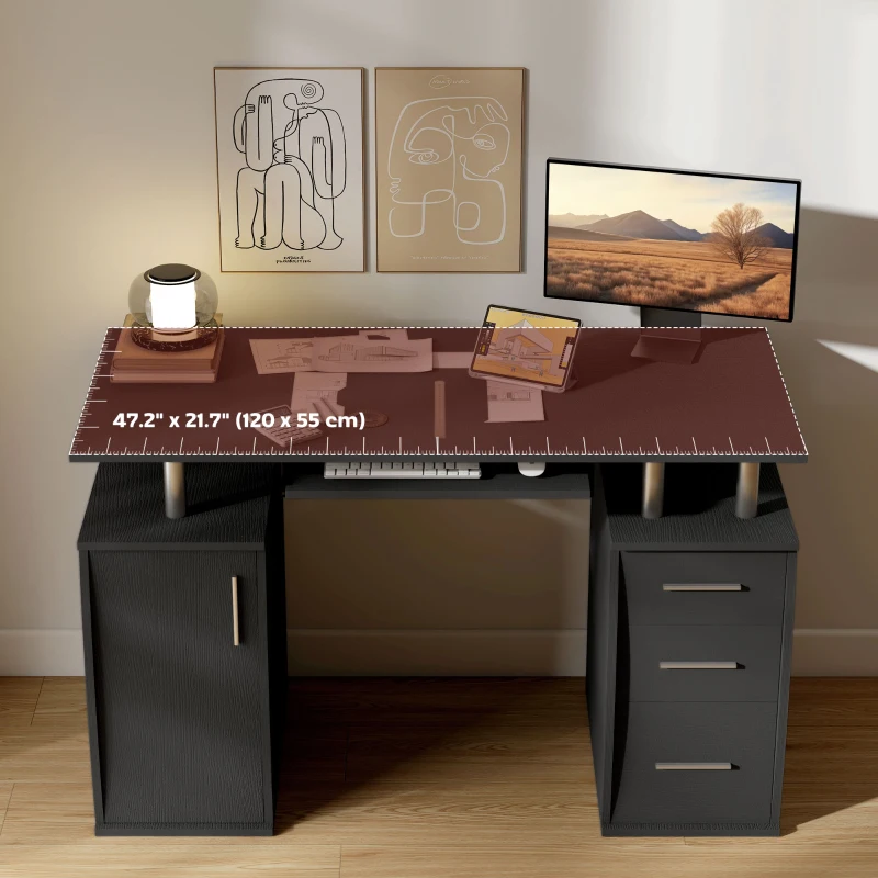 HOMCOM 47" Computer Desk with Keyboard Tray and Storage Drawers, Home Office Workstation Table with Storage Shelves, Black