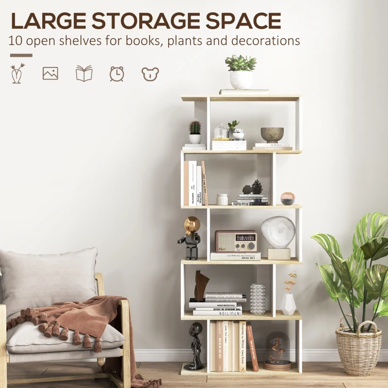 HOMCOM 5-Tier Bookshelf, Geometric S Shaped Bookcase, Tall Narrow Display Shelf for for Living Room, Study Room, White