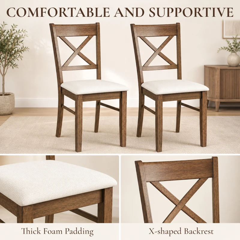 HOMCOM Dining Chairs Set of 2, Upholstered Kitchen Chairs with Rubberwood Frame, Padded Seat and X-Back, Walnut