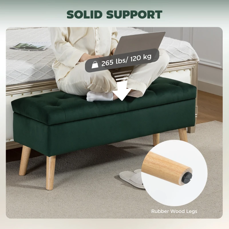 HOMCOM Storage Ottoman with Lid, Velvet Upholstered Storage Bench with Wood Legs for Living Room, Dark Green