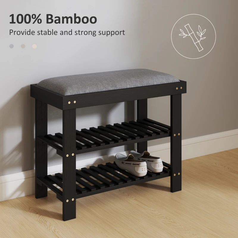 HOMCOM Bamboo Shoe Storage Bench, 3-Tier Entryway Bench with Cushion, Shoe Organizer for Entryway, Hallway, Black