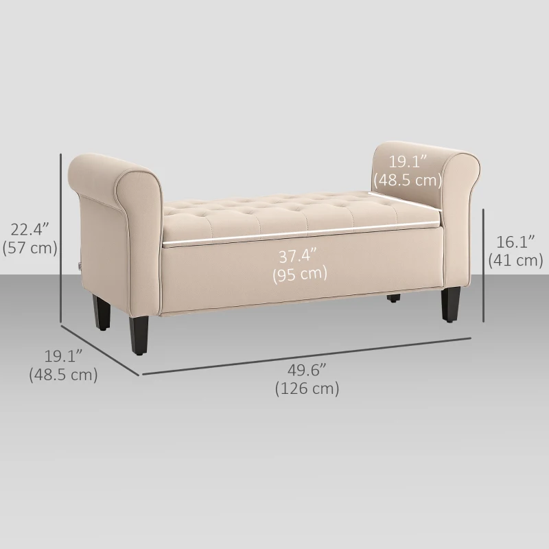 HOMCOM 50 Inches Storage Ottoman, Upholstered Bedroom Bench with Rolled Arms and Button Tufted Storage, Beige