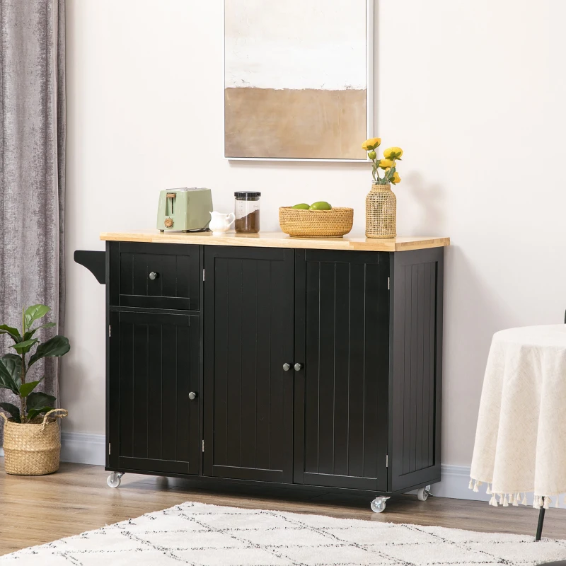 HOMCOM Rolling Kitchen Island with Storage, Utility Kitchen Island Cart with Drawer, Cabinets, Towel Rack and Rubber Wood Top