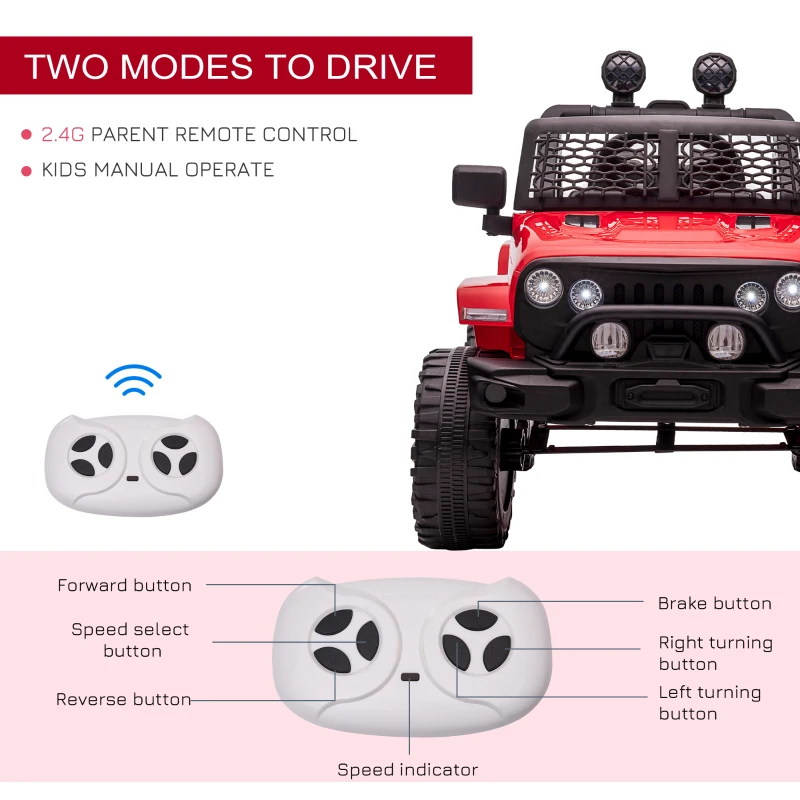 Aosom 12V Kids Ride On Truck with Parent Remote Control, Battery Powered Electric Car with Spring Suspension, Adjustable Speed, LED Lights and Horn, Red(m-5)