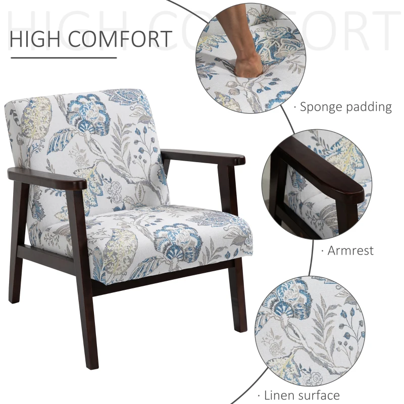 HOMCOM Mid-Century Modern Accent Chair Retro Fabric Armchair Wooden Arm Upholstered Lounge Chair for Living Room Floral