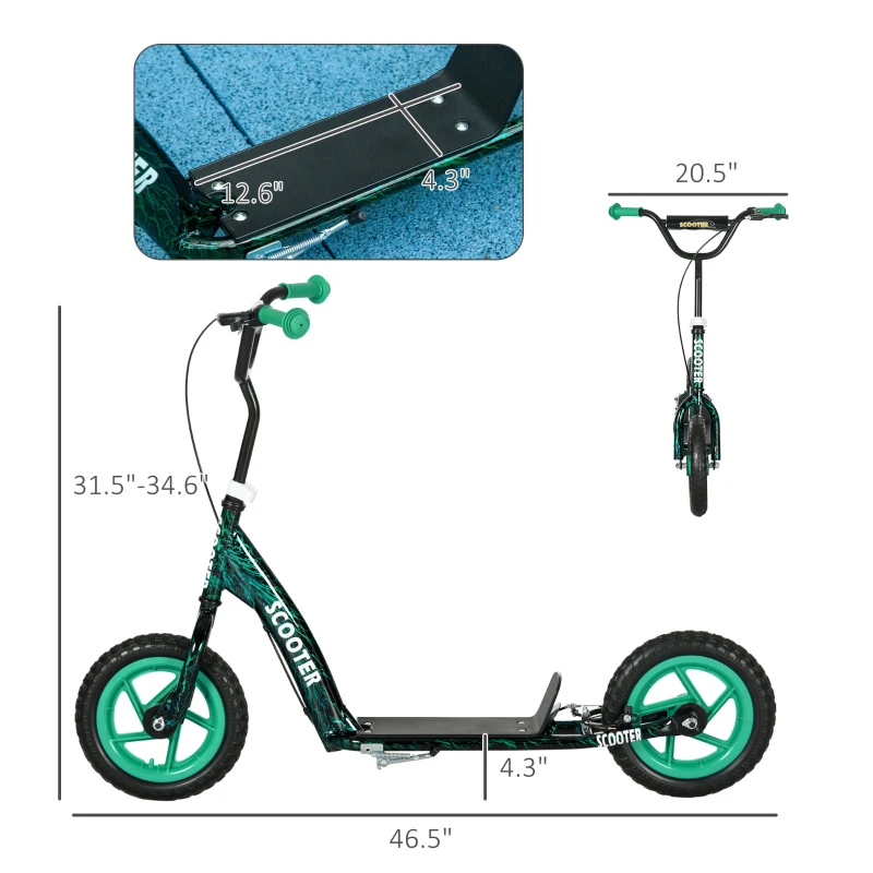 Qaba Kids Scooter with Adjustable Handlebar, Kids Kick Scooter with Non-slip Footplate, Rear Brake, 12" EVA Wheels, Green