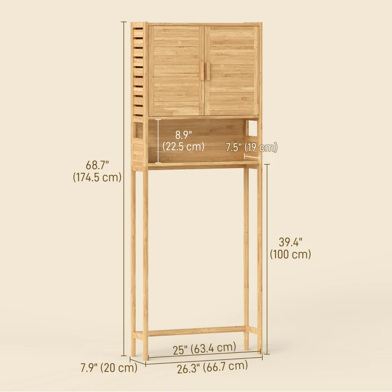 HOMCOM Over The Toilet Storage Shelf, Bathroom Organizer with 2 Doors, Open Compartment and Adjustable Shelf, Natural