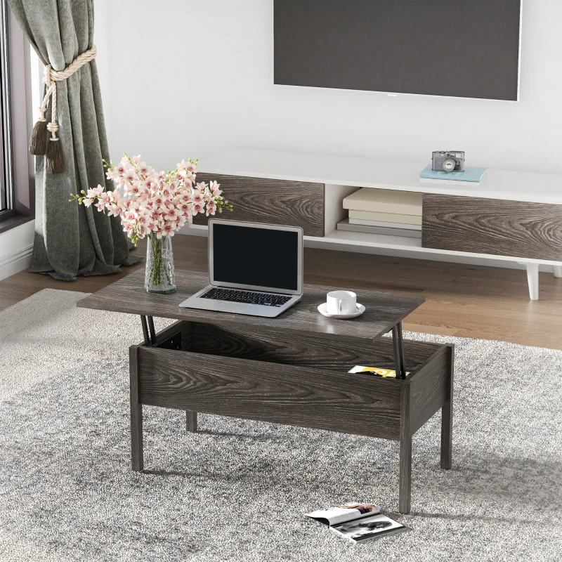 HOMCOM 39" Modern Lift Top Coffee Table Desk with Hidden Storage Compartment for Living Room, Light Grey Woodgrain