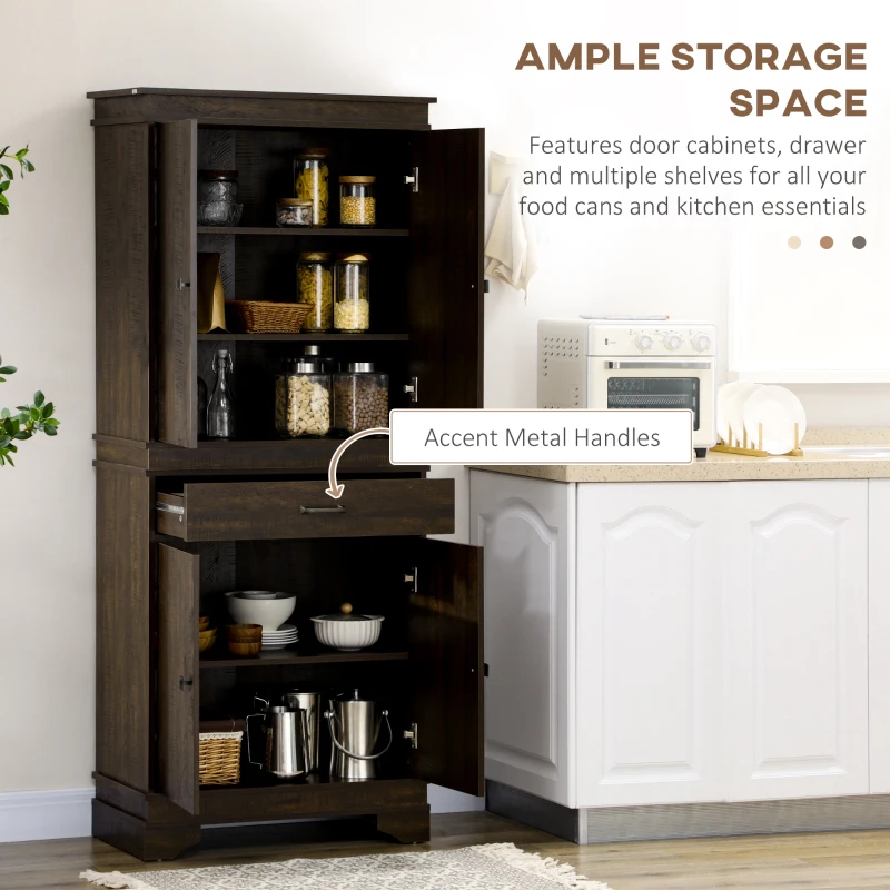 HOMCOM 72" 4-Door Kitchen Pantry with Drawer and 3 Shelves, Walnut