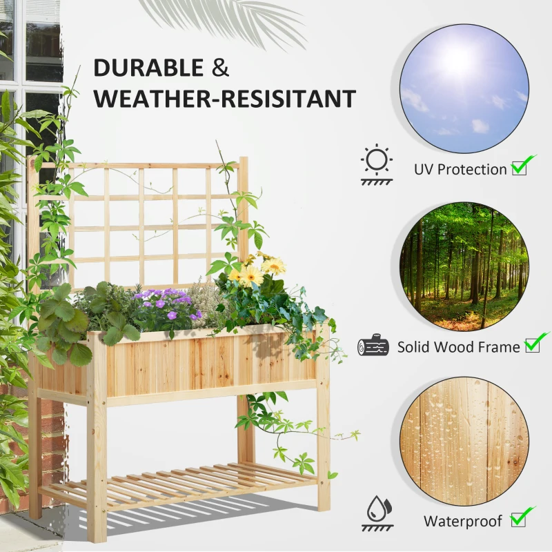 Outsunny 47" Wooden Raised Garden Bed with Trellis, Coutryside Style Elevated Planter Box Stand with Open Storage Shelf, Spacious Planting Area for Vegetables, Herbs, Flowers