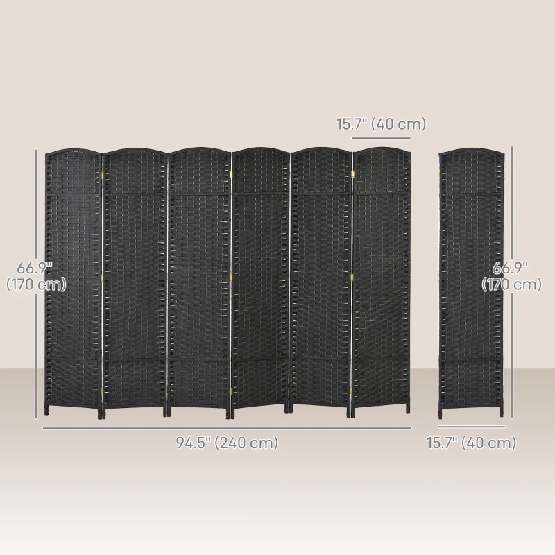 HOMCOM 5.6 Ft Tall Folding Room Divider, 6-panel Portable Privacy Screen, Hand-Woven Partition Wall Divider, Black