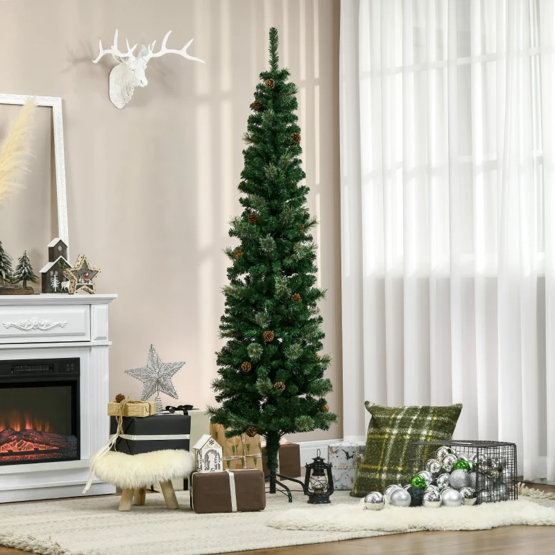 HOMCOM 6.5 Foot Pencil Artificial Christmas Tree, Slim Pine Needles Xmas Tree with Realistic Branches, Pine Cones, Metal Base, Green