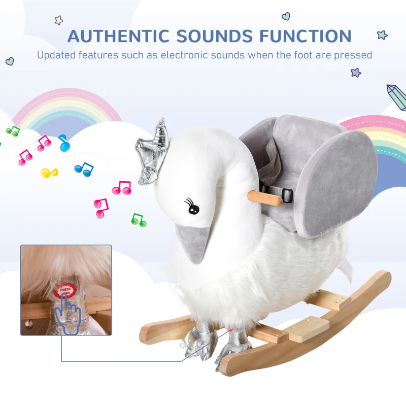 Qaba Kids Ride on Horse Swan Rocker with Sound, Plush Seat, Wooden Base, Safety Belt for Toddlers 18-36 Months, White