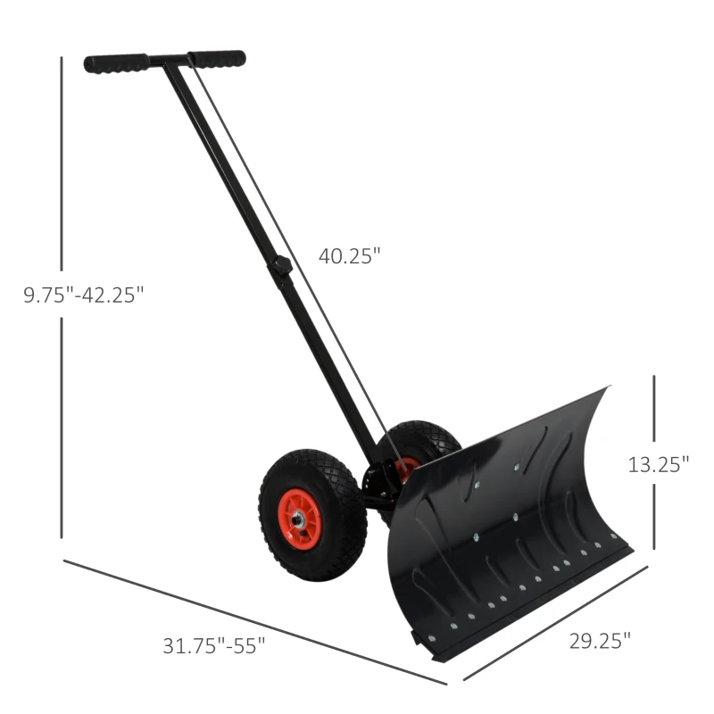Outsunny Snow Shovel Rolling Pusher with 29" Blade, 10" Wheels & Angle-Adjustable Handle, Black