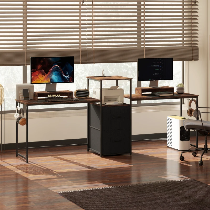 HOMCOM 96 Inch Gaming Desk, Dual Computer Desk for 2 Person with Power Outlets and Monitor Stands, Rustic Brown