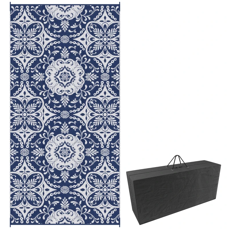 Outsunny Portable Outdoor Rug with Carry Bag, 9' x 18' Reversible Mat, Waterproof Plastic Straw RV Rug, Blue & White
