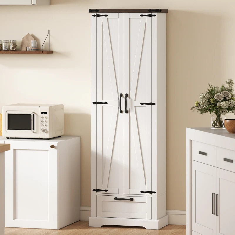 HOMCOM 71" Pantry Cabinet, Kitchen Storage Cabinet with Adjustable Shelves, Barn Doors and Drawer for Dining Room, White