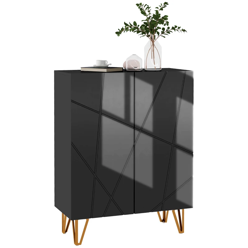 HOMCOM Narrow Shoe Storage Cabinet with Soft-Close Hinges and Adjustable Shelves for 15-20 Pairs of Shoes, High Gloss Black