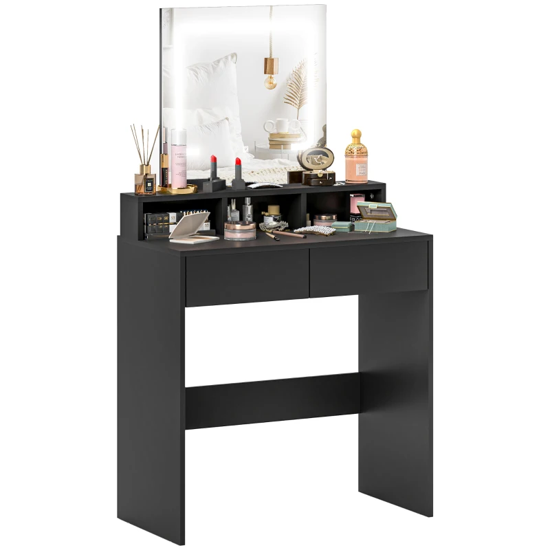 HOMCOM Makeup Vanity Desk with Mirror and LED Lights, for Bedroom, Modern Dressing Table with Drawers, Compartments, Black