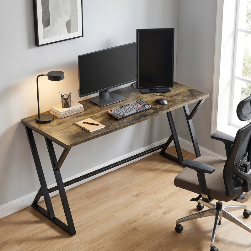HOMCOM 55 Inch Computer Desk, Industrial Writing Desk with Z-Shaped Metal Leg, Study Table for Home Office, Rustic Brown