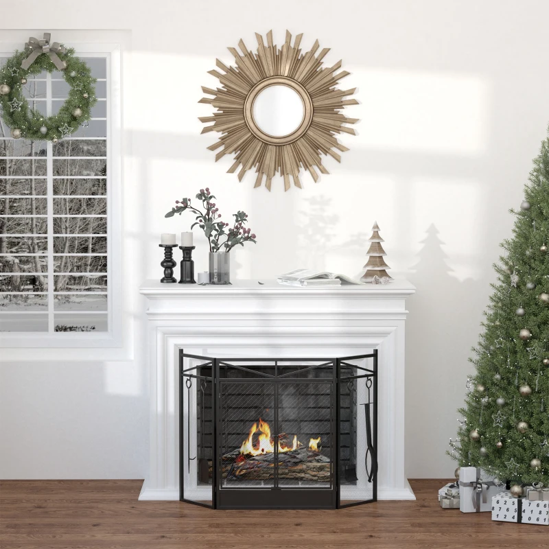 HOMCOM 3-Panel Folding Fireplace Screen with 2 Magnetic Doors and Fire Place Tools Set, Fire Spark Guard for Wood Burning, with Brush, Shovel, Poker, Firewood Tongs, 48" x 0.75", Black