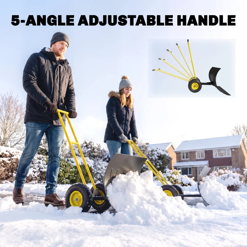 Outsunny Snow Shovel with Wheels, 29" Metal Snow Pusher with Adjustable Handle, 7-Angle Blade, Wear Strip for Driveway, Yellow