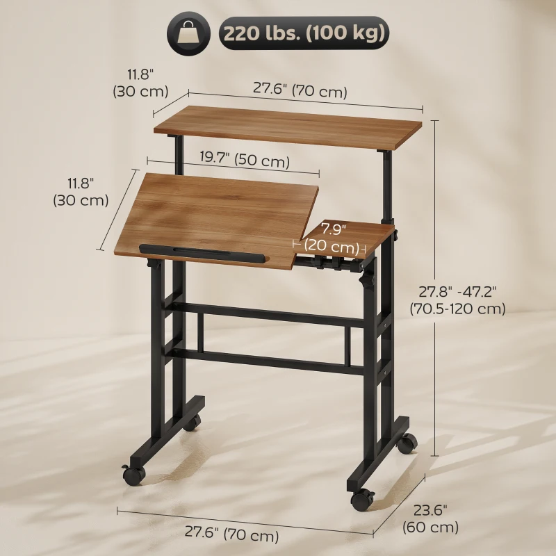 HOMCOM Mobile Stand Up Desk, Height & Angle Adjustable Computer Desk with Wheels for Standing or Sitting, Laptop Desk, Brown