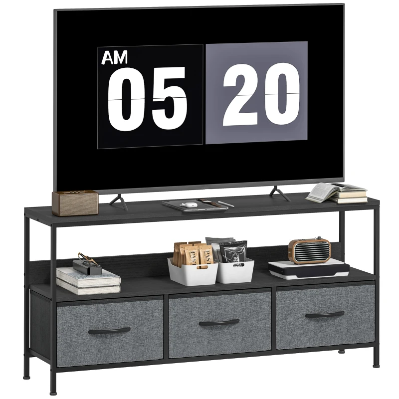 HOMCOM TV Stand with Charging Station, TV Table with 3 Foldable Linen Drawers and Open Shelf for 55 Inch Television, Black(m-9)