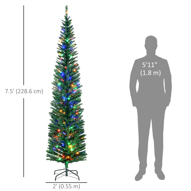 HOMCOM 7.5' Artificial Pencil Christmas Trees Holiday Decoration with Colourful LED Lights, Steel Base, Skinny Shape
