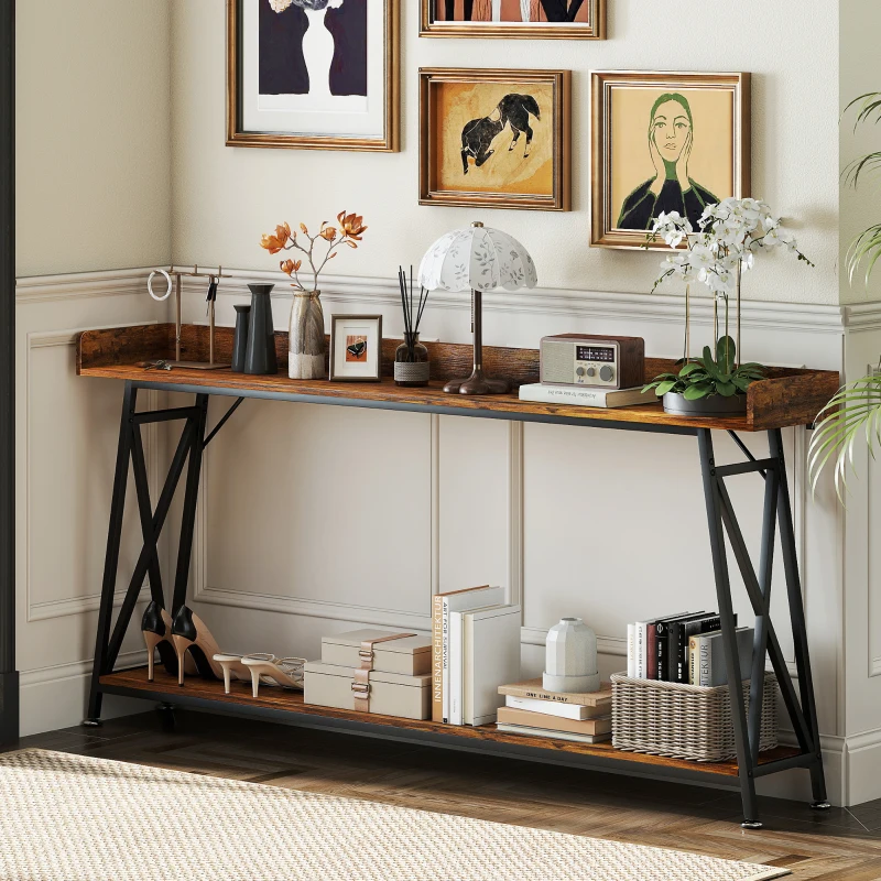 HOMCOM 71" Extra Long Console Table with Storage Shelf and Guardrails, Industrial Entryway Table for Living Room, Rustic Brown