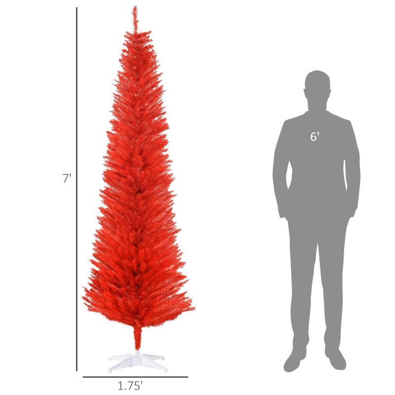 HOMCOM 7ft Unlit Pencil Artificial Christmas Tree with Realistic Branches and 499 Tips, Plastic Base, Red