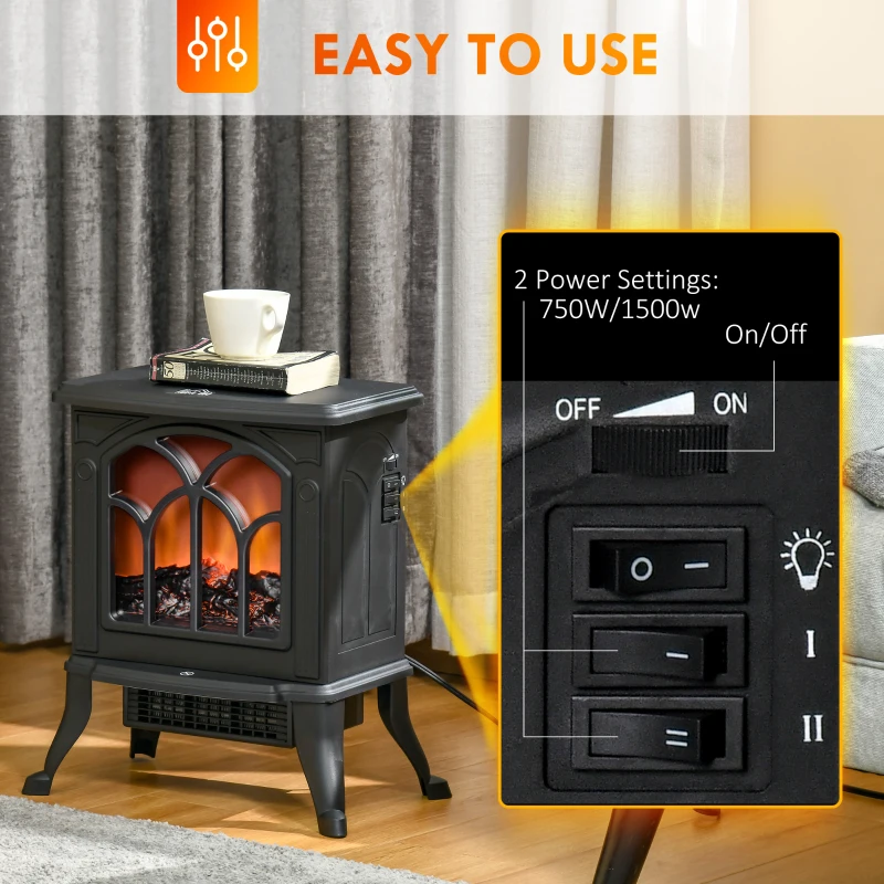 HOMCOM Electric Fireplace Heater, Freestanding Fireplace Stove with Realistic Logs and Flame Effect, 750W/1500W, Black