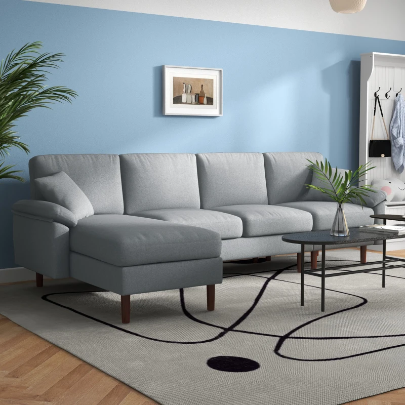 HOMCOM L Shape Sofa, Modern Sectional Couch with Reversible Chaise Lounge, Pillows and Wooden Legs for Living Room, Gray
