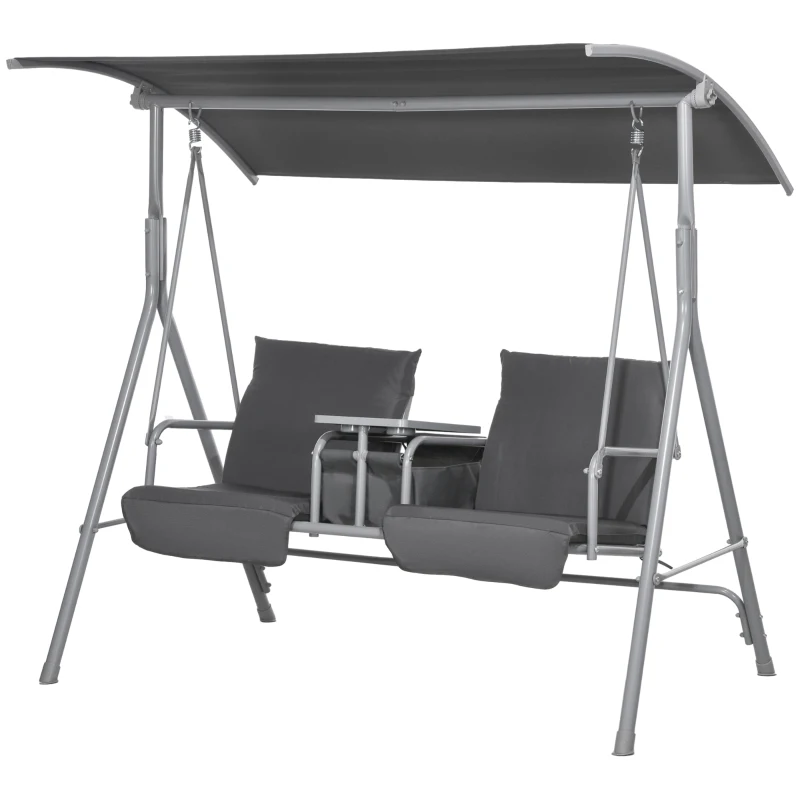 Outsunny 2-Seater Outdoor Porch Swing with Adjustable Canopy and Table, Patio Swing Chair for Garden, Poolside, Backyard, Grey