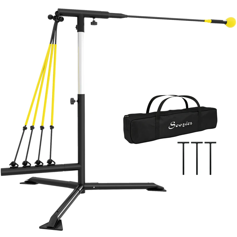 Soozier Baseball Hitting Trainer with 4 Power Bands, 32.7"-43.3" Adjustable Batting Practice Equipment with Stakes, Carry Bag
