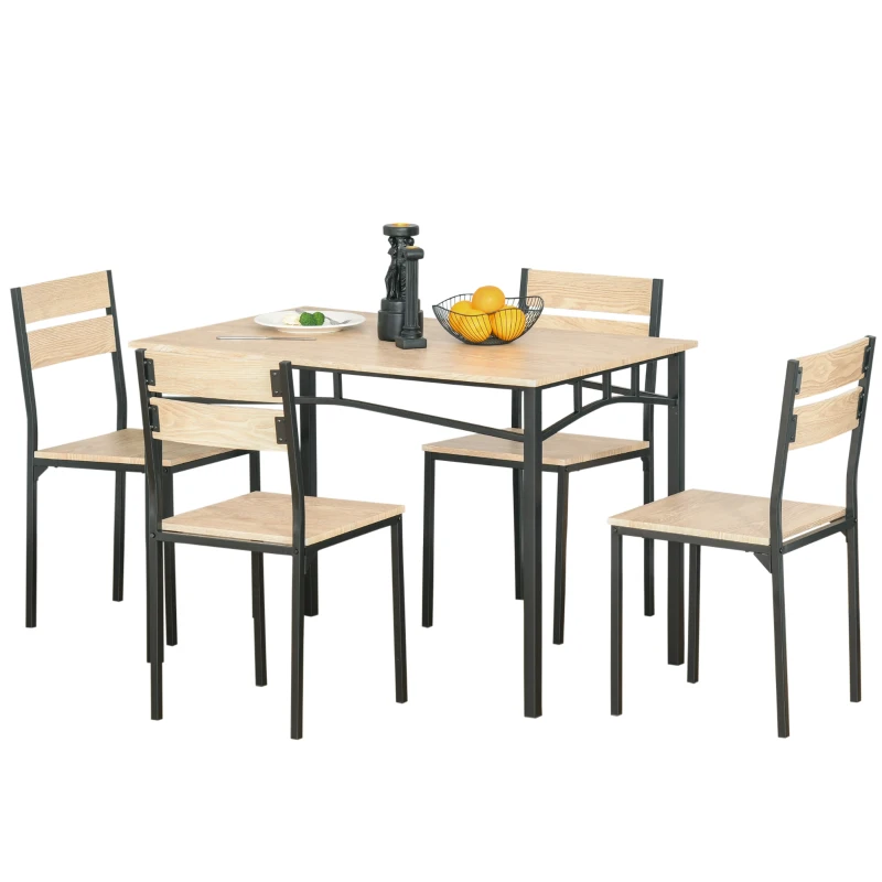 HOMCOM Rustic Industrial 5-Piece Dining Table Set Black Metal with 4 Chairs for Kitchen, or Dining Room, Oak