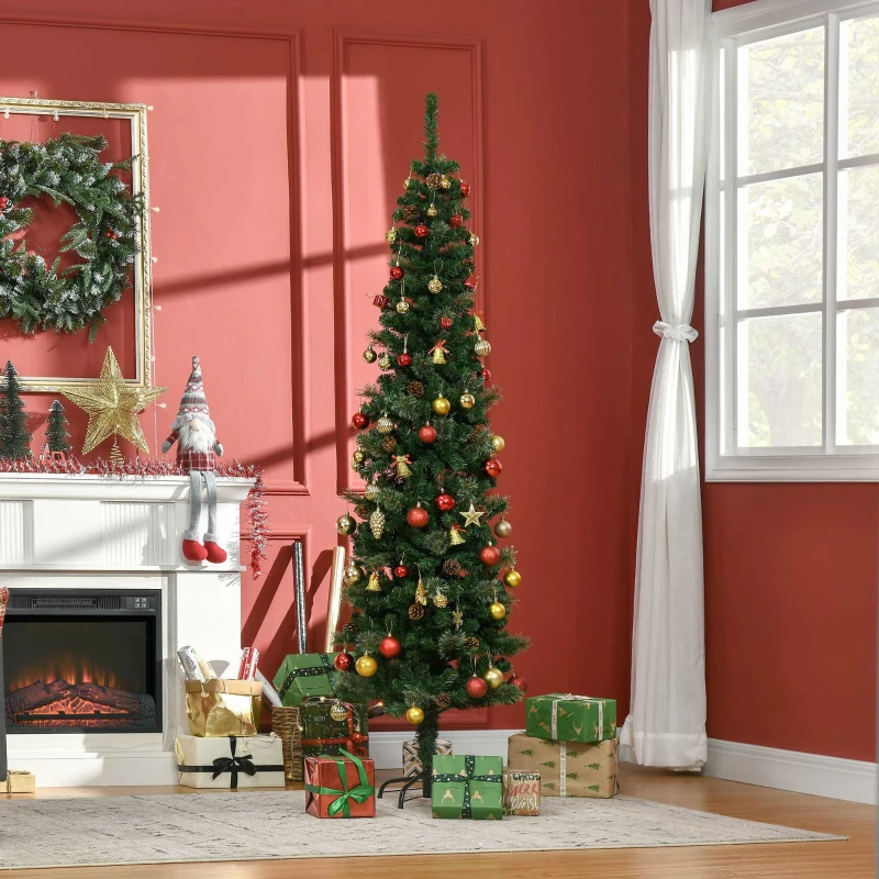 HOMCOM 6.5 Foot Pencil Artificial Christmas Tree, Slim Pine Needles Xmas Tree with Realistic Branches, Pine Cones, Metal Base, Green