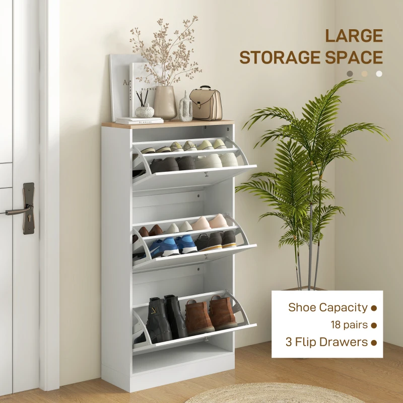 HOMCOM Modern Shoe Storage with 3 Flip Drawers and Adjustable Shelves, Shoe Cabinet Organizer for 12-18 Pairs of Shoes, White
