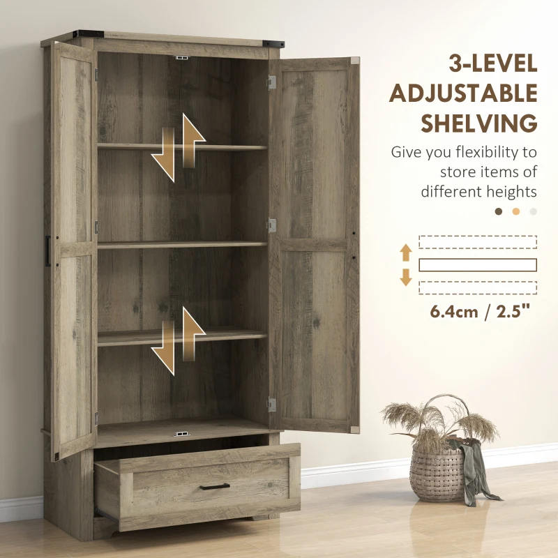 HOMCOM 69" Tall Farmhouse Kitchen Pantry Cabinet with 2 Doors, Drawer and Adjustable Shelves, Grey