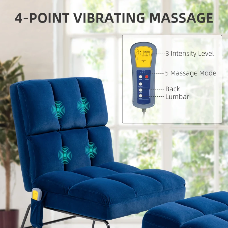 HOMCOM Accent Chair with Ottoman, Velvet Club Chair with Vibration Massage, Remote Control and Metal Legs for Living Room, Bedroom, and Home Office, Blue