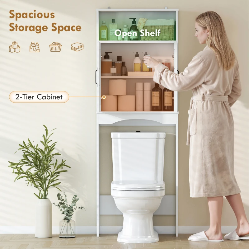 HOMCOM Over The Toilet Storage Shelf Freestanding Bathroom Organizer with 2 Doors and Open Shelf White